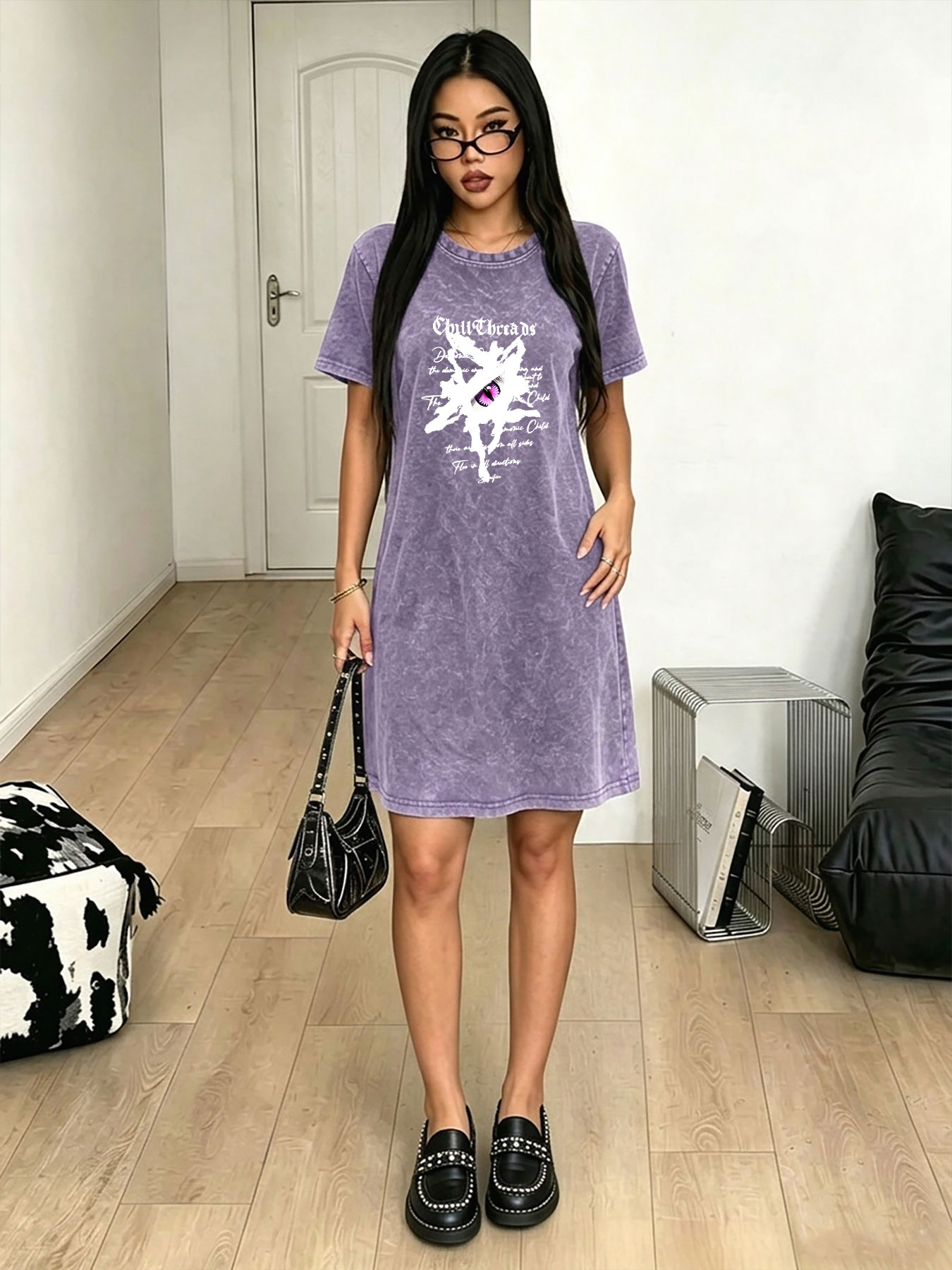 Streetwear Brand With Eye - 여성용 워싱 빈티지 티셔츠 드레스, 퍼플
