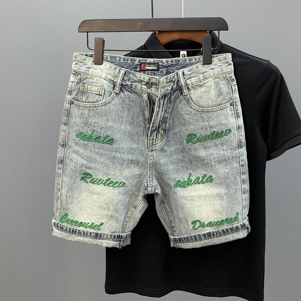 트렌디 브랜드 그린 레터 자수 슬림 데님 반바지 (남아 - Streetwear Brand Jorts 리뷰 및 가격